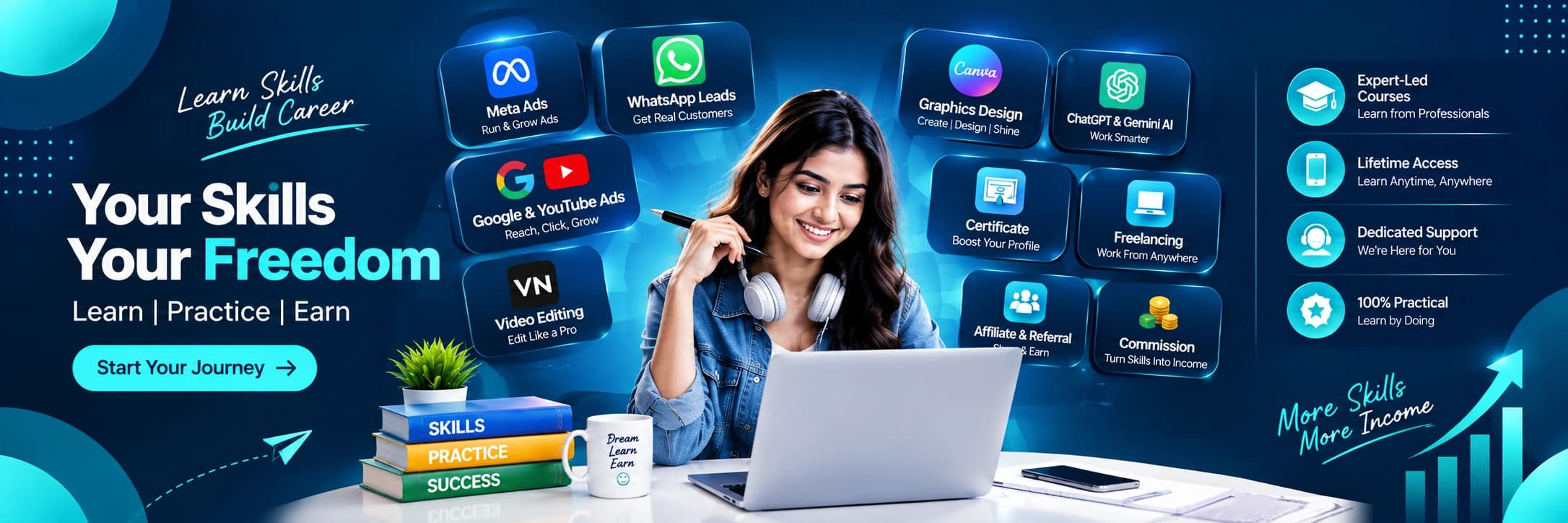Your Skills, Your Freedom — learn Meta Ads, WhatsApp lead generation and freelance skills, get certified, and earn through referrals