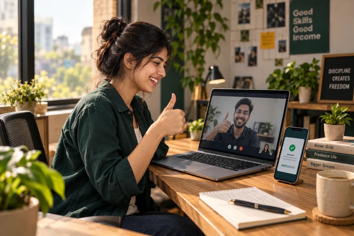 A freelancer on a video call with a happy client