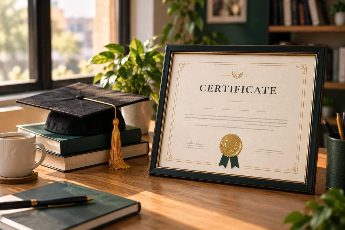 A framed certificate of completion next to a graduation cap